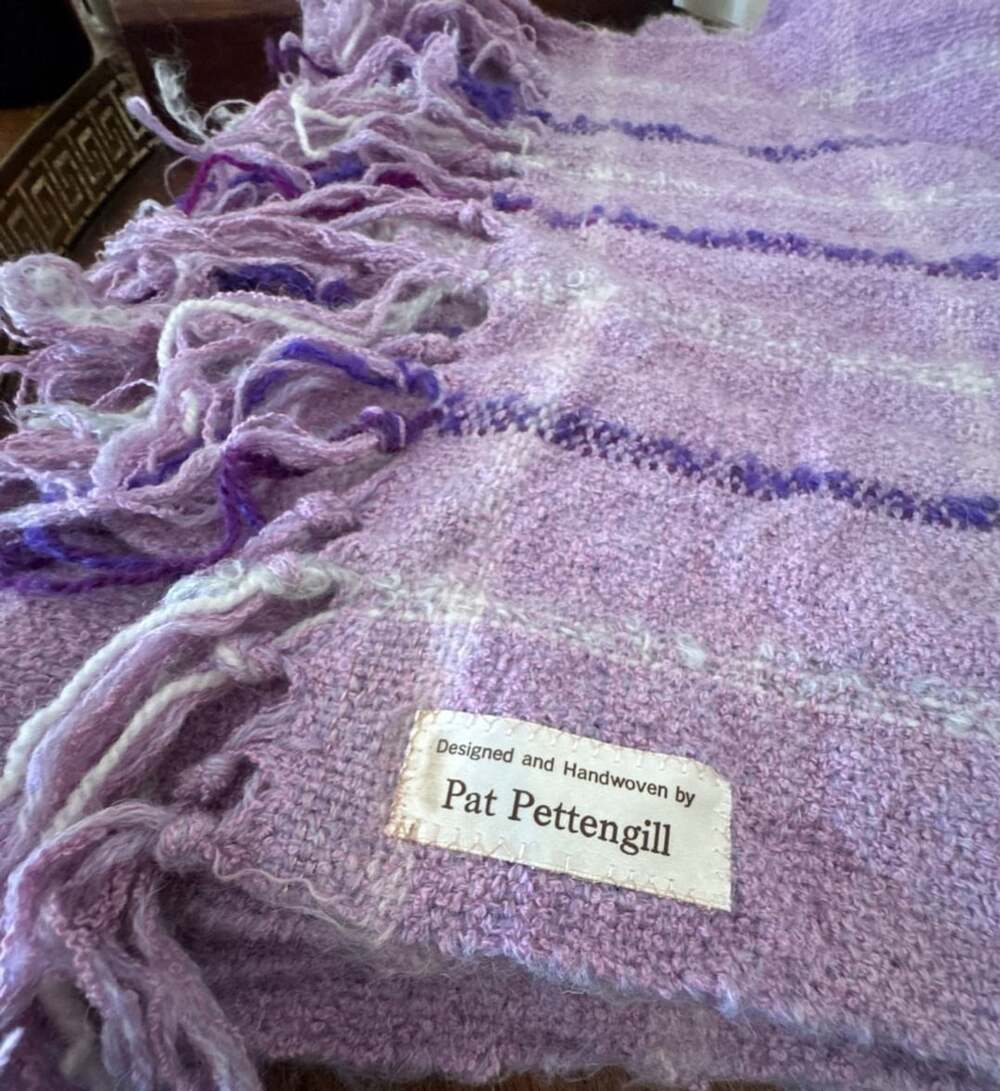 Pat Pettengill Handwoven Scarf Purple Plaid Fringe Throw